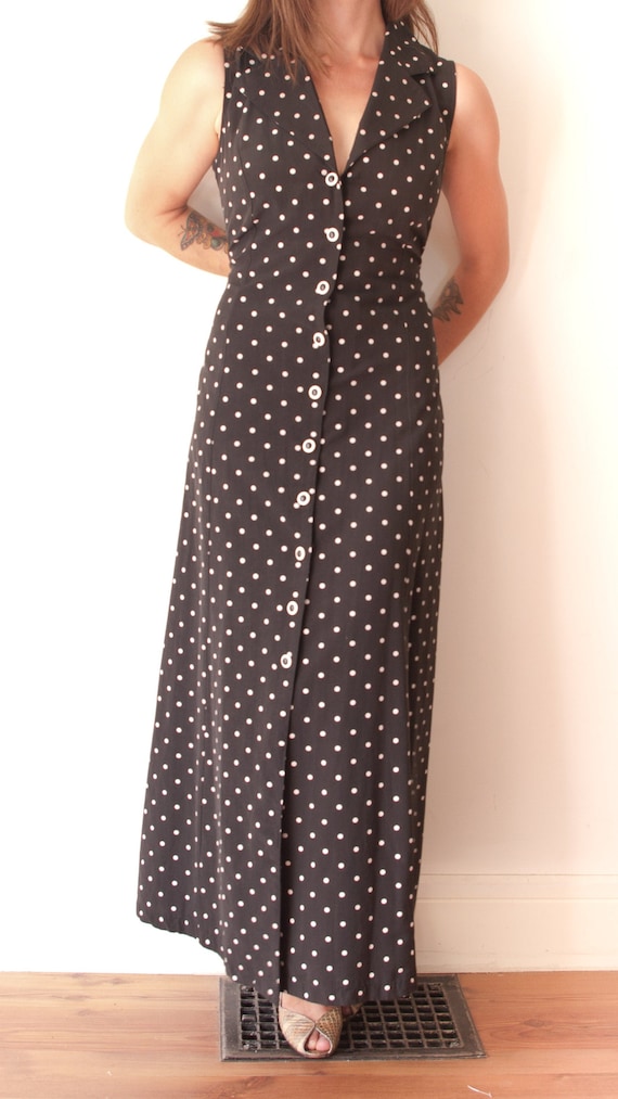 1990's Black and White Polka Dot Maxi Dress / Vint