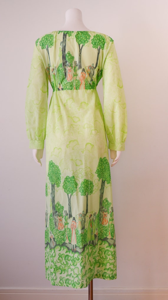 1970s Green Sheer Maxi Dress with Art Nouveau Nov… - image 4