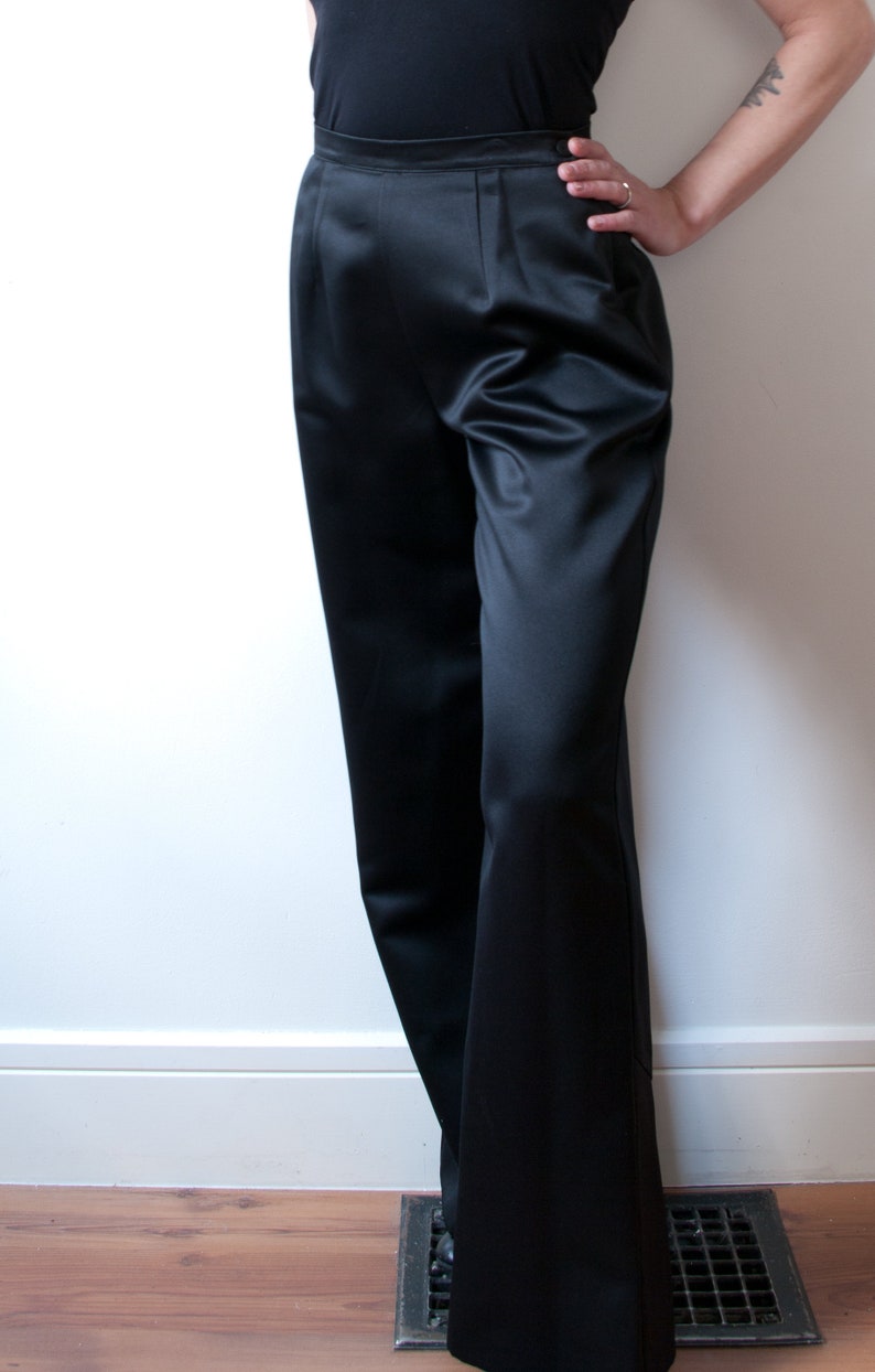 Vintage Black Satin pants / 1990s Wide Leg Trousers image 2