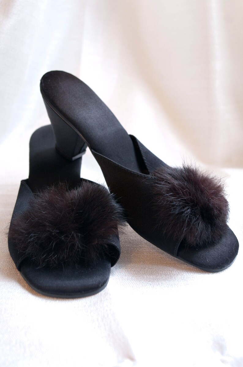 1960s Black Fur Bedroom Slippers Mink And Satin Shoes Size 6 6 5