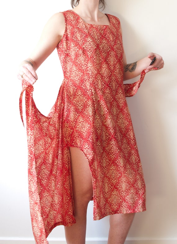 1990s Red and Gold Floral Wrap Dress  - image 10