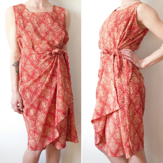 1990's Red and Gold Floral Wrap Dress / Vintage Ca
