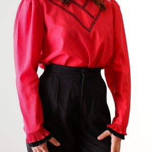 Vintage 1980s Red Long Sleeve Shirt  - Small Long Sleeve Ruffle Collar Blouse