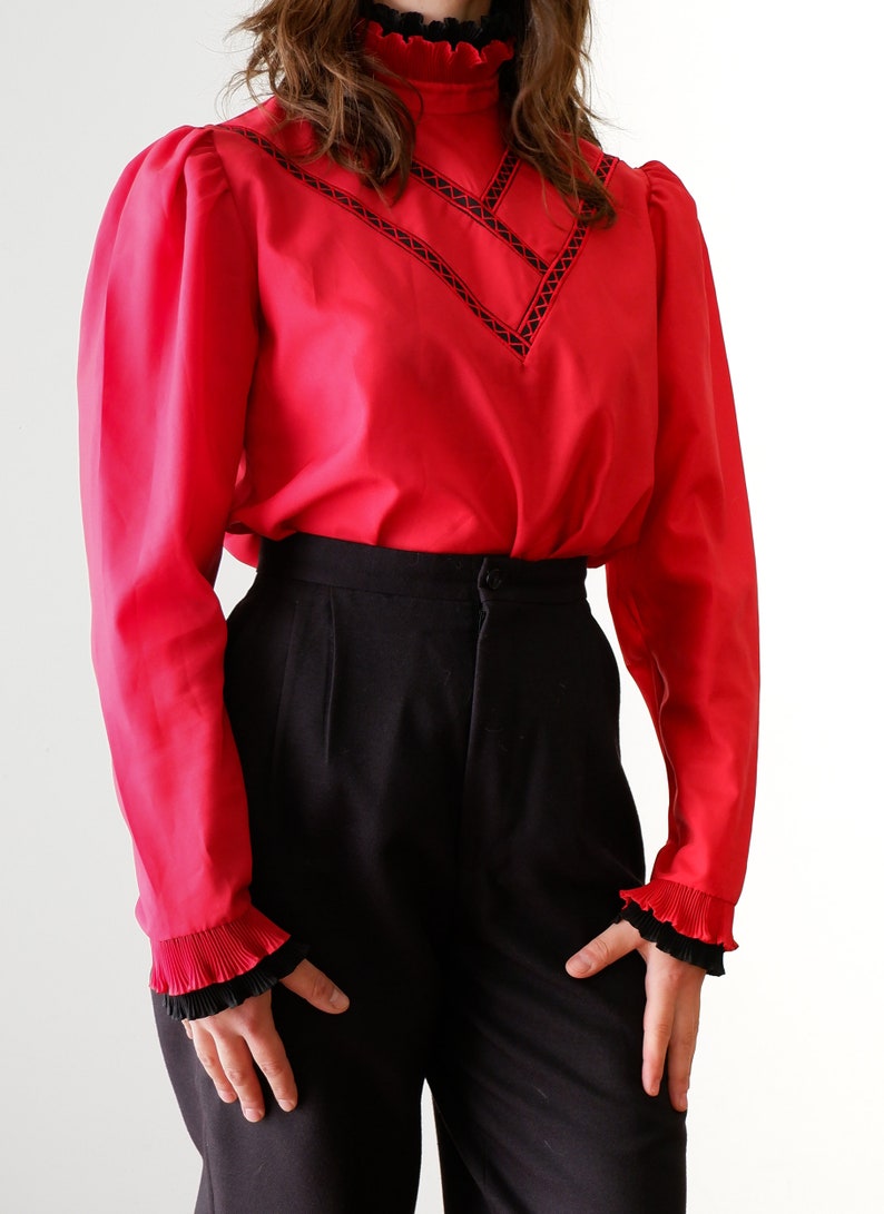 Vintage 1980s Red Long Sleeve Shirt  - Small Long Sleeve Ruffle Collar Blouse
