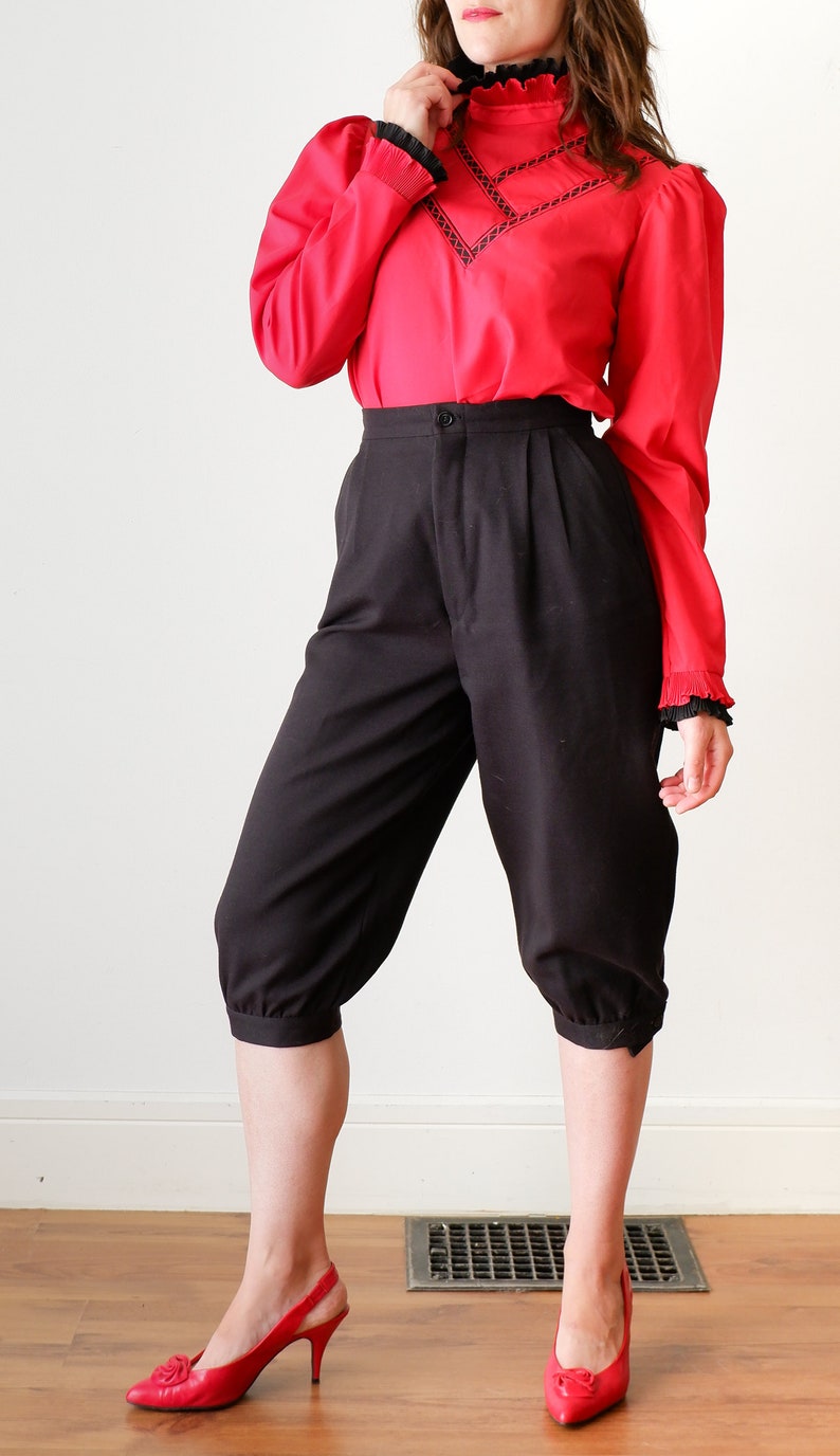 Vintage 1980s Red Long Sleeve Shirt  - Small Long Sleeve Ruffle Collar Blouse
