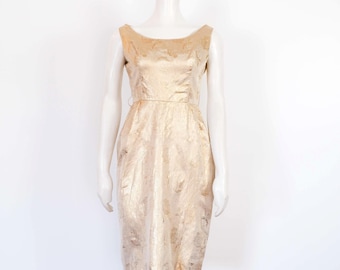 1950s Gold Brocade Dress Small, Floral Print  Midi by Distinctively Yours LQD