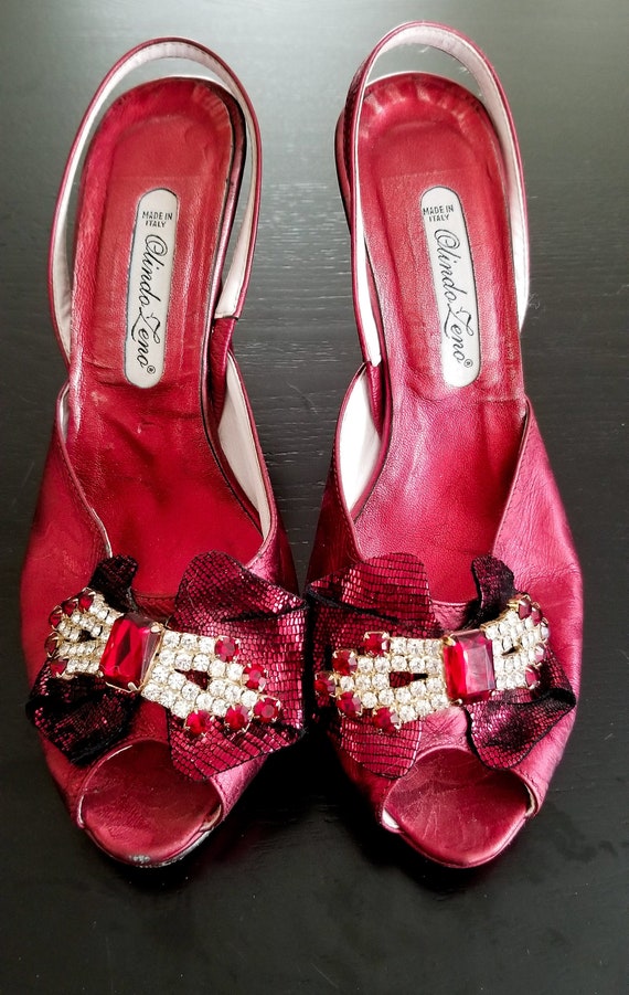 1970's Red Leather Rhinestone Heels / Vintage Rub