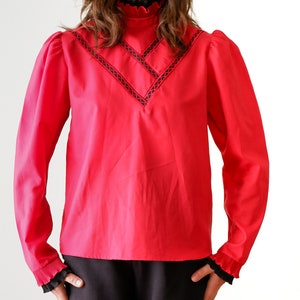 Vintage 1980s Red Long Sleeve Shirt  - Small Long Sleeve Ruffle Collar Blouse