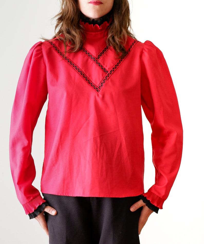 Vintage 1980s Red Long Sleeve Shirt  - Small Long Sleeve Ruffle Collar Blouse