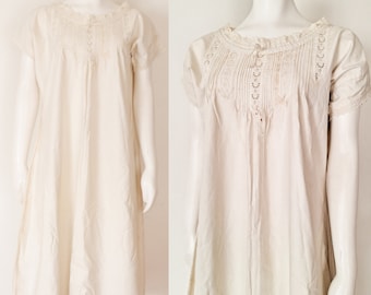 Antique Cotton Short Sleeve Night Gown / Victorian Dress with Lace Collar