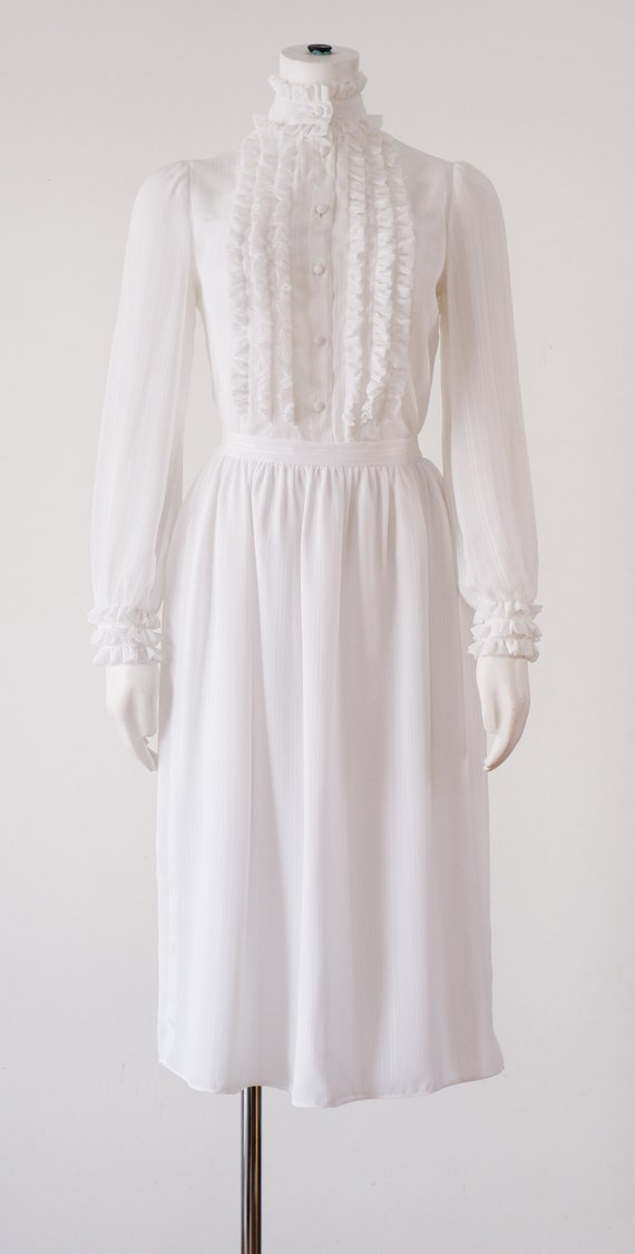 1970's White Blouse and Skirt Set / Vintage Ruffle