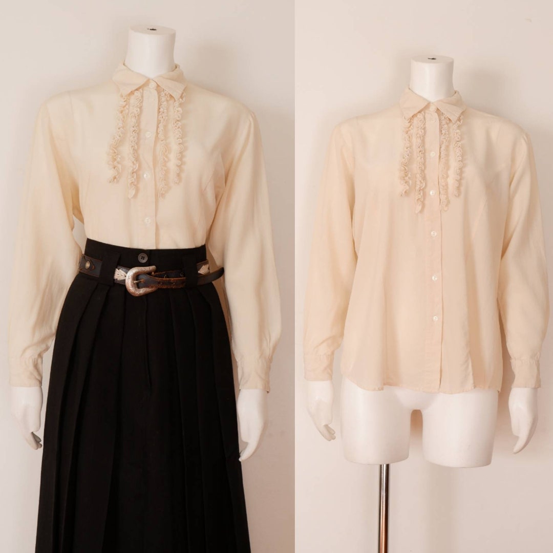 Vintage Cream Ruffle Blouse / 1980's Button up Tuxedo Shirt - Etsy