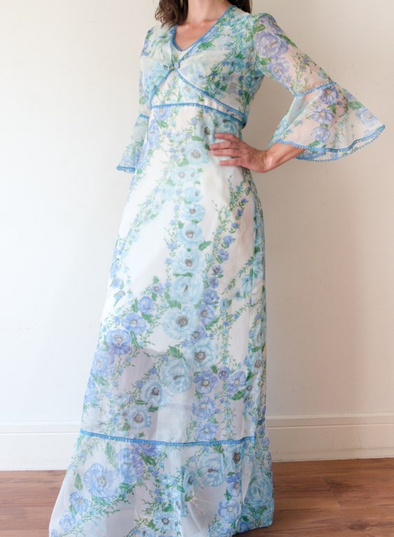 Vintage 70s Blue Red Yellow & White Floral Maxi Dress 10 12