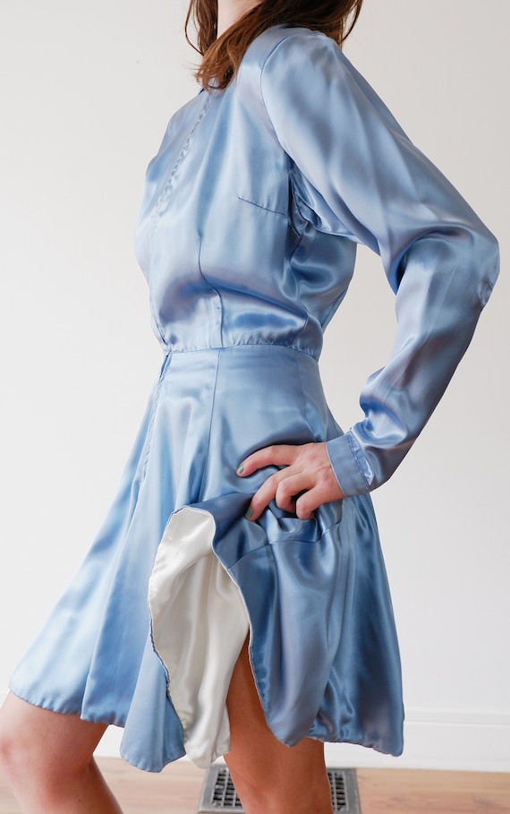 1950's Blue Satin Mini Dress / Vintage Long Sleeve