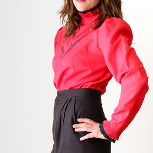 Vintage 1980s Red Long Sleeve Shirt  - Small Long Sleeve Ruffle Collar Blouse
