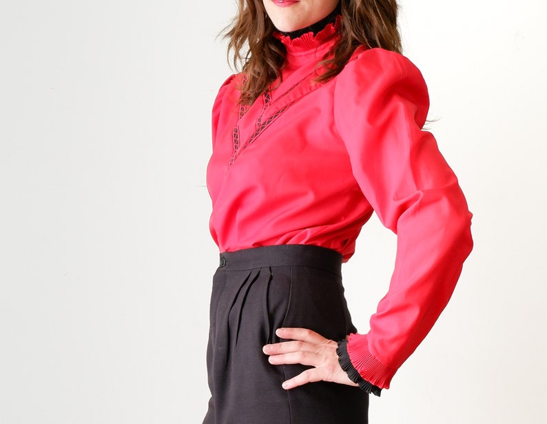 Vintage 1980s Red Long Sleeve Shirt  - Small Long Sleeve Ruffle Collar Blouse