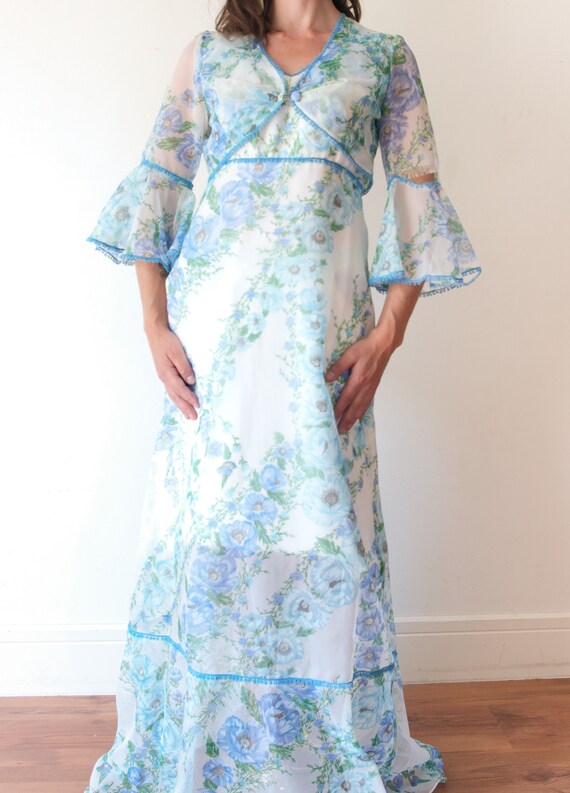 60’s 70’s Long Blue Knit Floral Maxi Dress main image 1