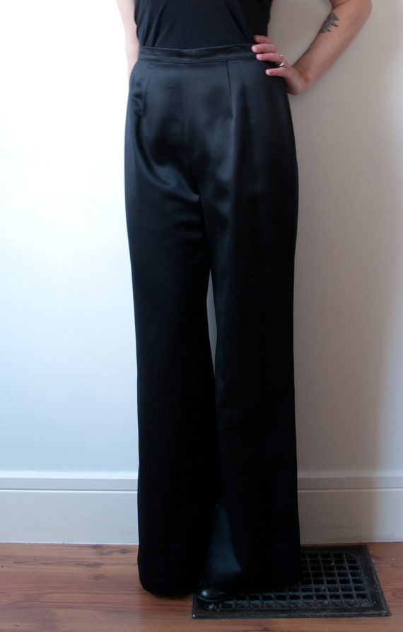Vintage Black Satin pants / 1990s Wide Leg Trouse… - image 4