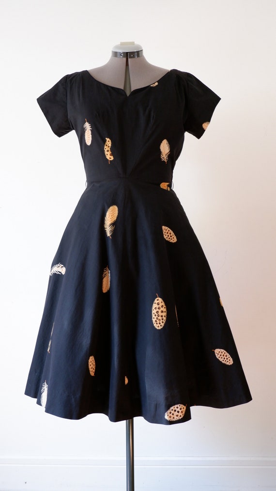 1950's Black Party Dress with Feather Print / Vint