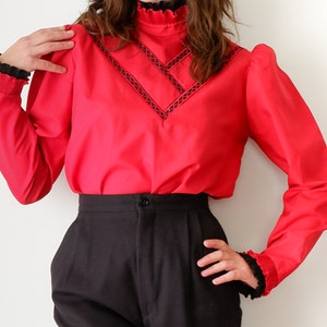 1980s Red Shirt  - Small, Vintage Long Sleeve Ruffle Collar Blouse