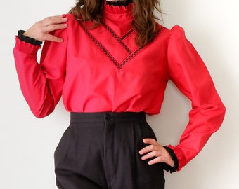 Vintage Red Ruffle Blouse / 1980s Long Sleeve Ruffle Collar Top