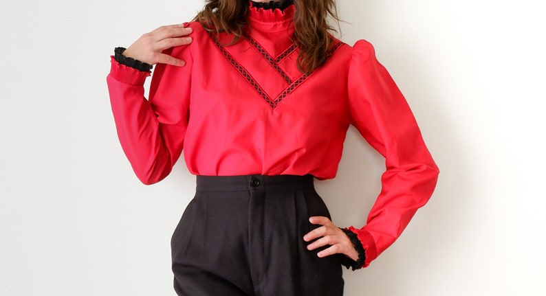 1980s Red Shirt  - Small, Vintage Long Sleeve Ruffle Collar Blouse