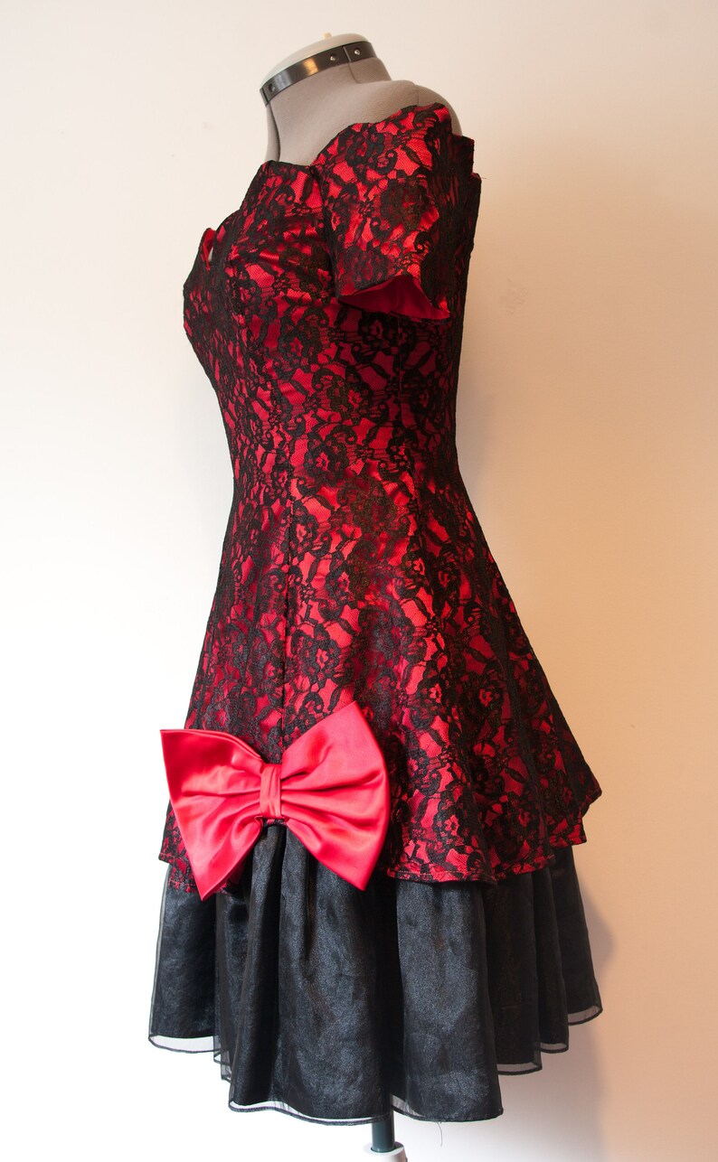 1980s Red and Black Lace Off Shoulder Party Dress by Nu-Mode Small image 6