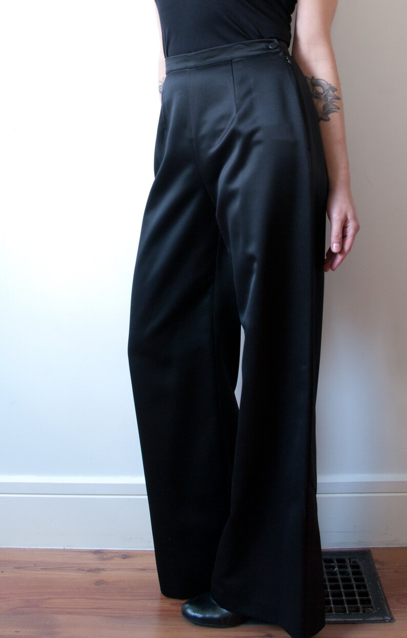 Vintage Black Satin pants / 1990s Wide Leg Trousers image 5