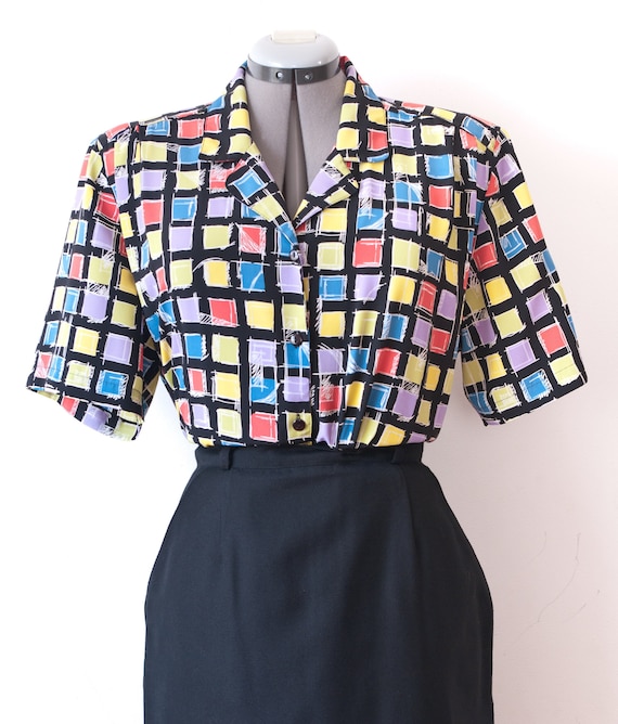 1980's Rainbow Checkered Blouse / Vintage Vibrant
