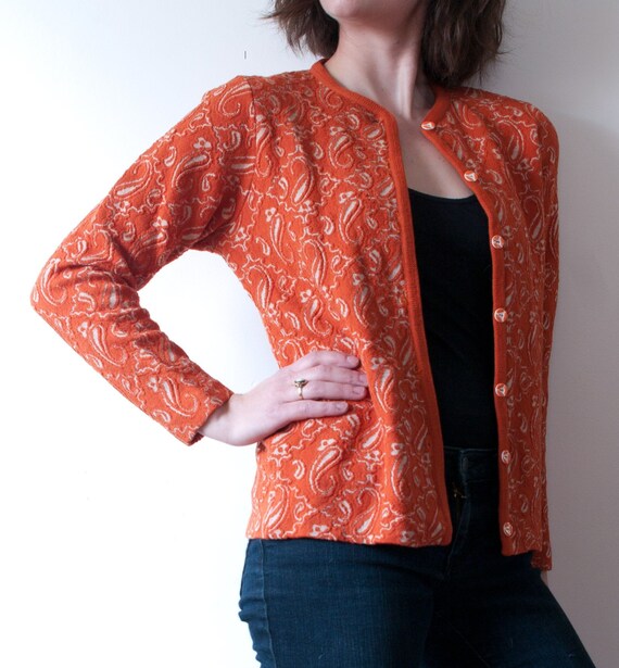 Vintage Orange Paisley Print Cardigan / 1960's Woo