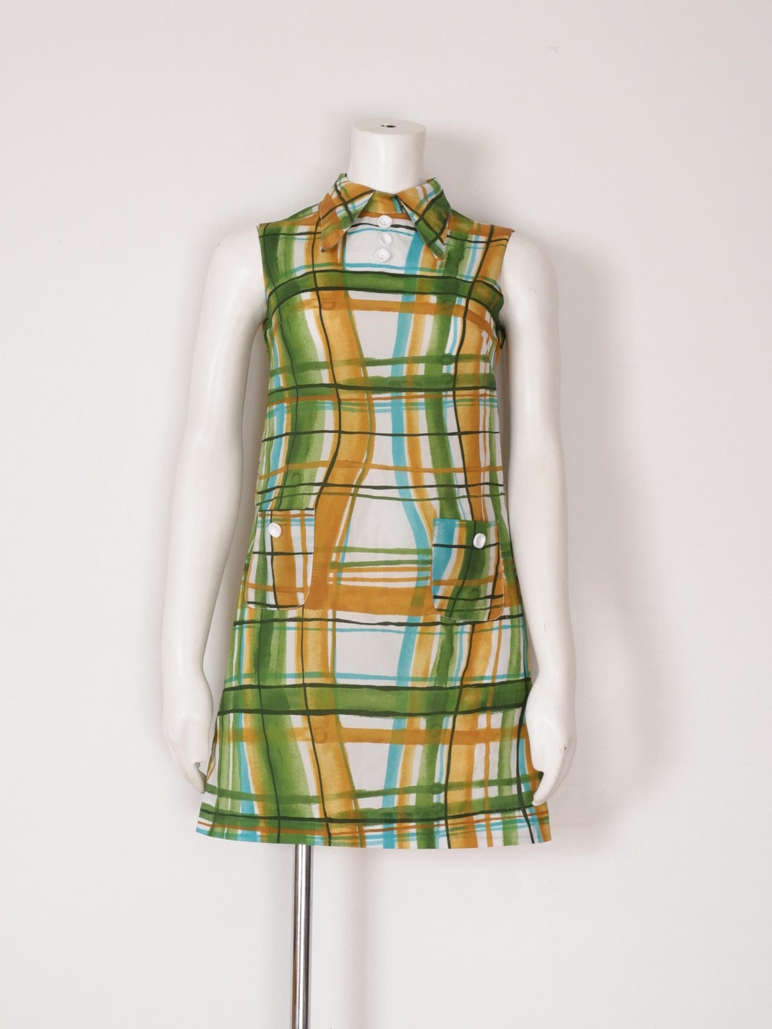 1960s Mini Dress - X-small Vintage Green and White Stripe Mod With ...