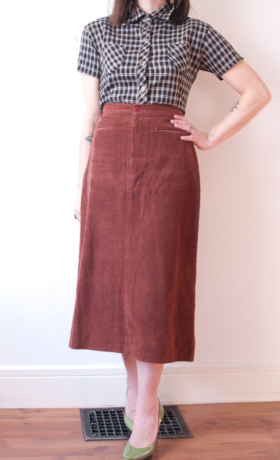 1970's Brown Corduroy Midi Skirt / Vintage High Wa