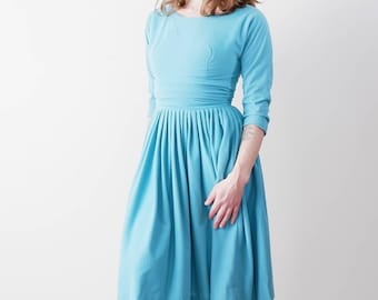 1950s Soft Blue Midi Dress with Full Skirt Small