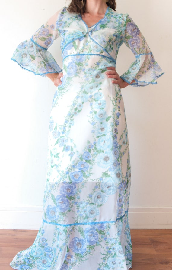Vintage 70s Blue And White Floral Maxi Dress With Sheer Sleeves