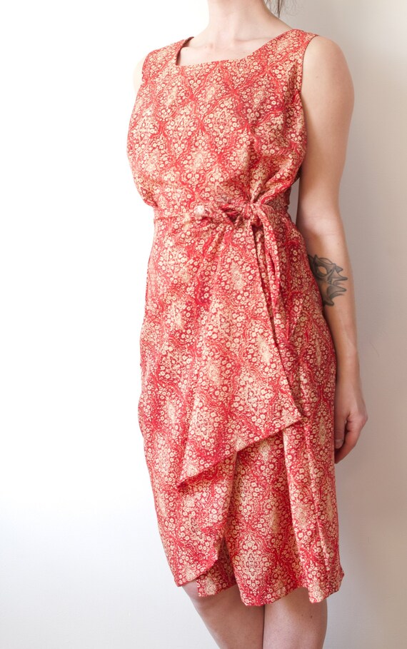 1990s Red and Gold Floral Wrap Dress  - image 2