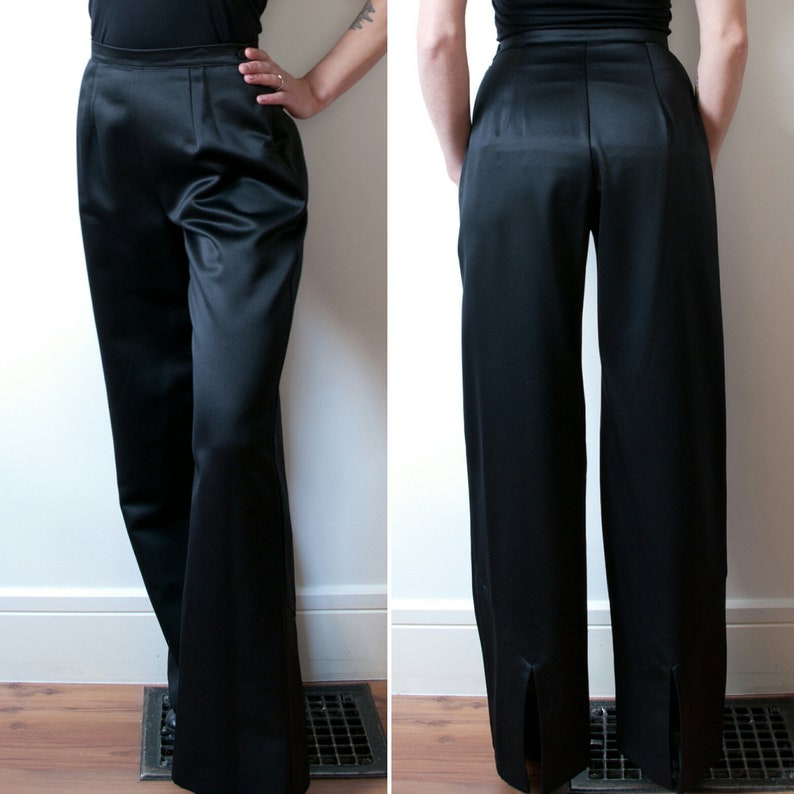 Vintage Black Satin pants / 1990s Wide Leg Trousers image 1