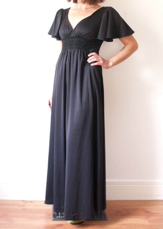 1960's Black Boho Maxi Dress / Vintage Black Cockt