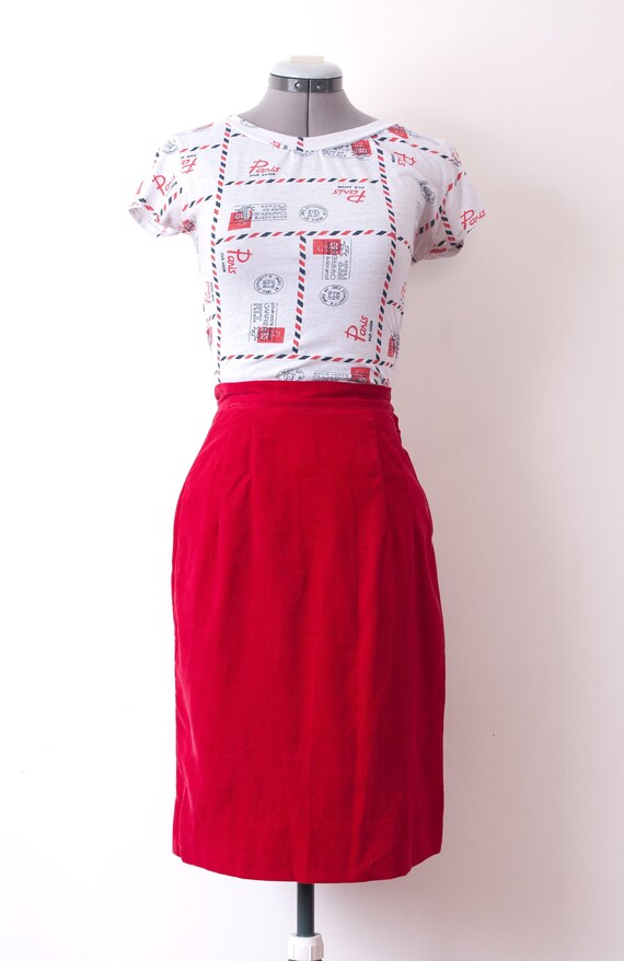 1940's Red Velvet Skirt / 1950's High Waist Pencil