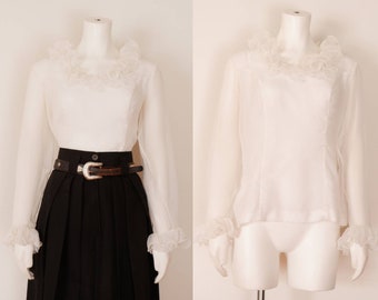 Vintage White Ruffle Collar Blouse / Fitted 1980's Style-Rite Shirt