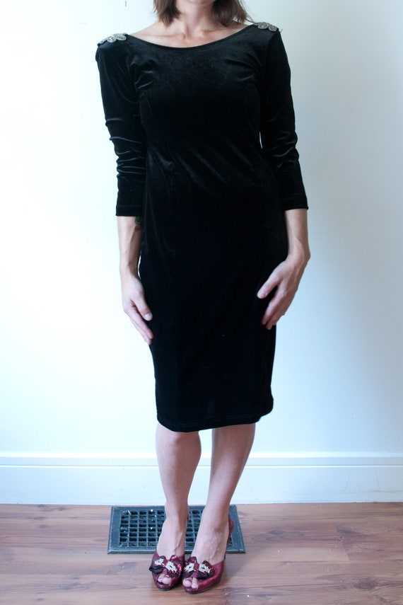 1990s Black Velvet Cocktail Dress / Vintage Open … - image 2