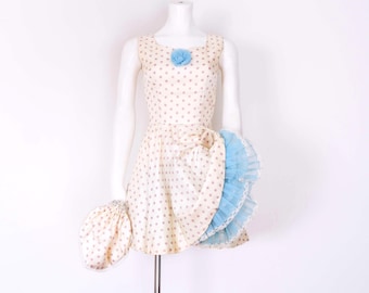1960s Satin White Mini Dress, X-Small, Purple Polka Dot with Full Skirt