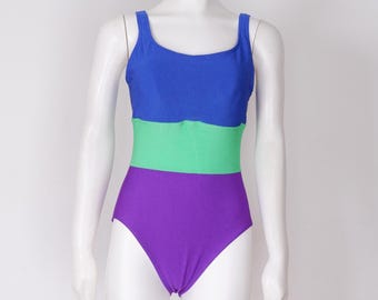 Vintage Neon Swimsuit with Blue Green and Purple Stripes - Small 80s 90s One Piece Bathing Suit by Body ID