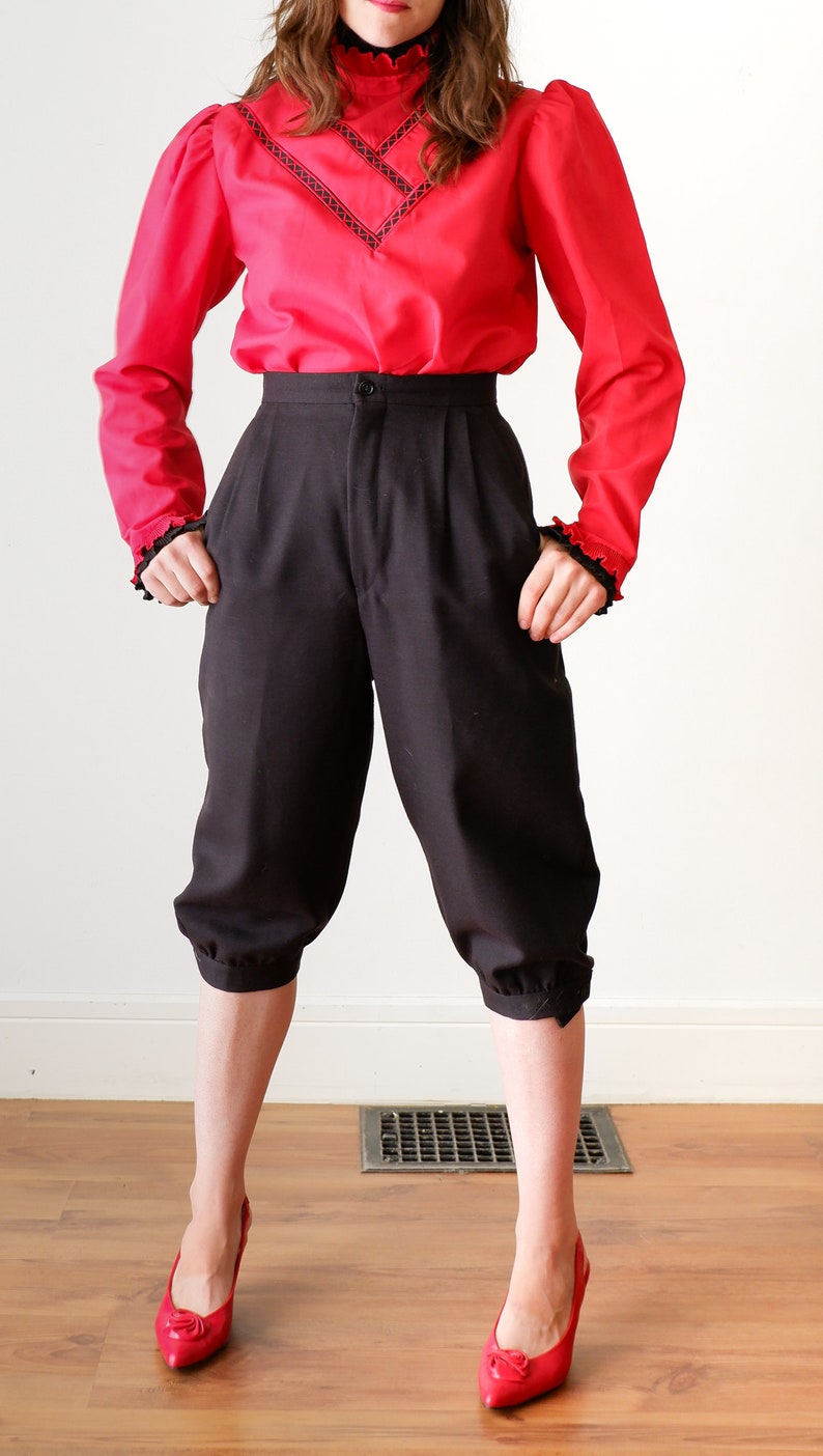 Vintage 1980s Red Long Sleeve Shirt  - Small Long Sleeve Ruffle Collar Blouse