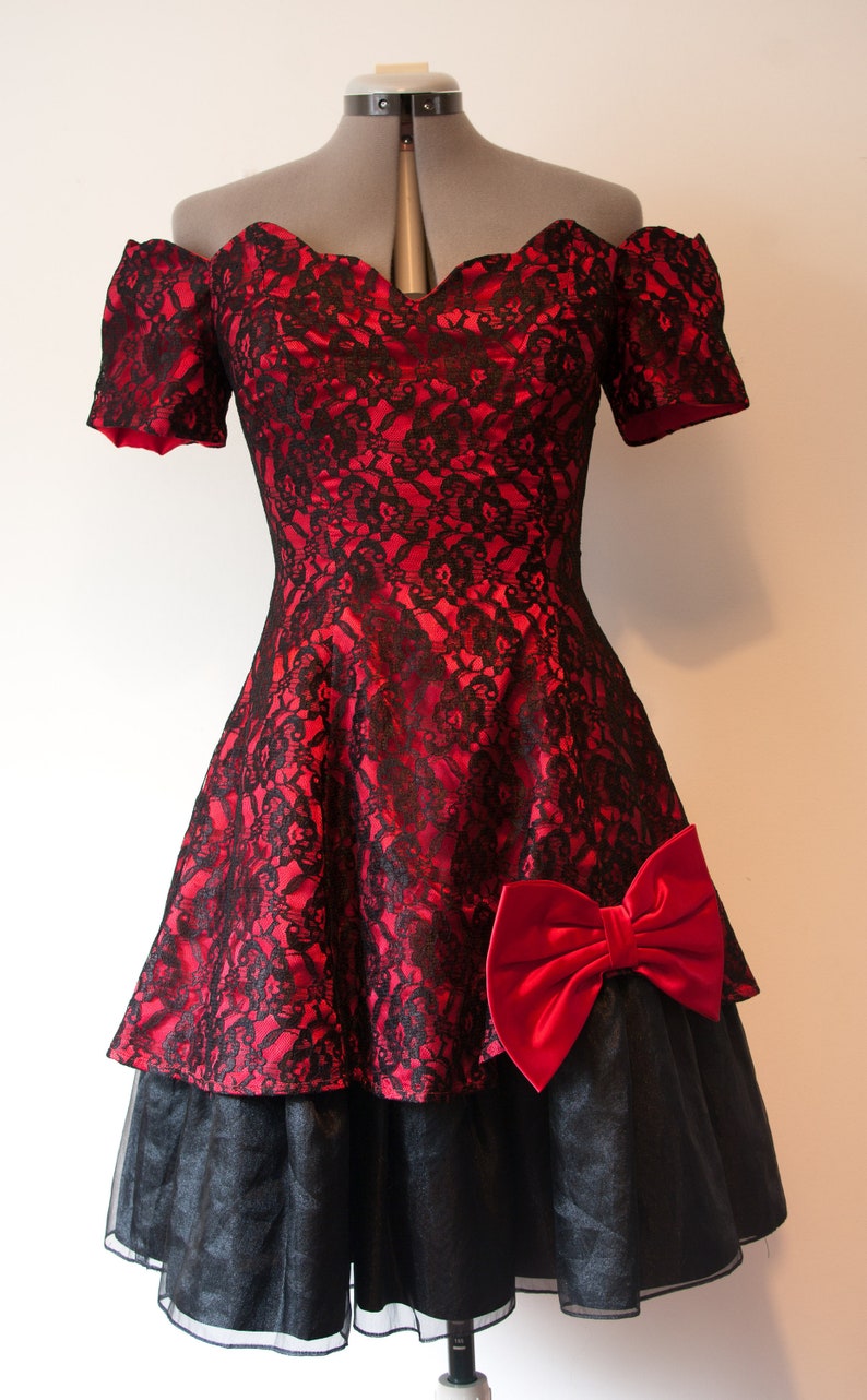 1980s Red and Black Lace Off Shoulder Party Dress by Nu-Mode Small image 4