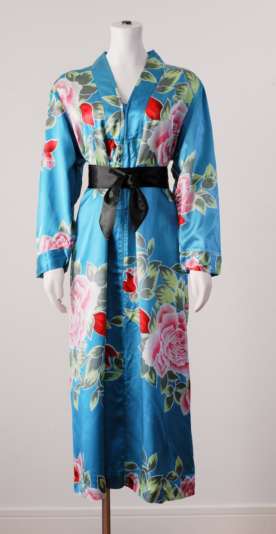 1980's Blue Silky Robe / Vintage Floral Kimono Sty
