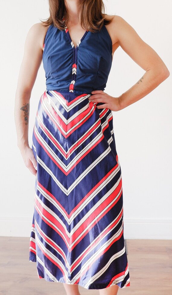 1960s Halter Dress - Small Vintage Blue and Red Chevron Stripe Sundress by Style Rite 1960s Halter Dress - Small Vintage Blue and Red Chevron Stripe Sundress by Style Rite