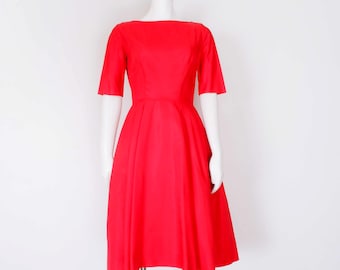 1950s Red Satin Midi Dress Small, Half Sleeve Gown with Full Skirt and Bow