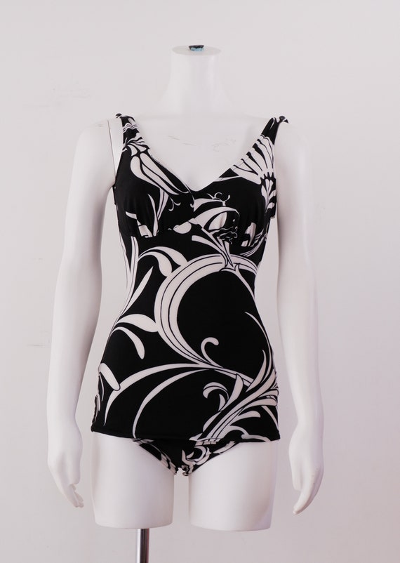 1980s Black Floral Swim Suit / Vintage One Piece … - image 1