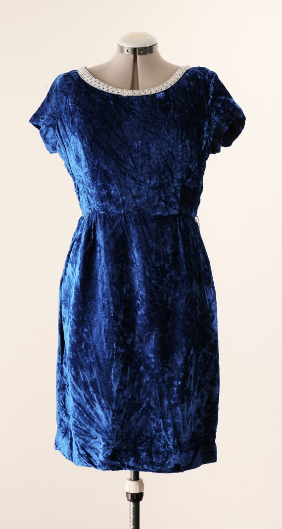 1960's Blue Velvet Pencil Dress / Vintage Short Sl