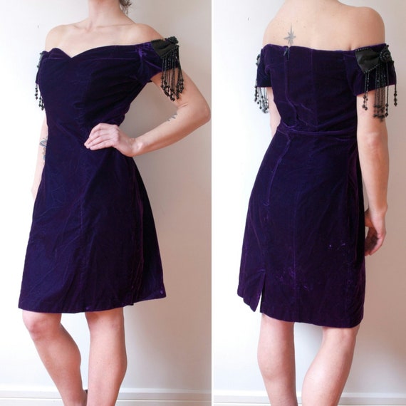 1980s Purple Velvet Party Dress / Vintage Beaded … - image 1